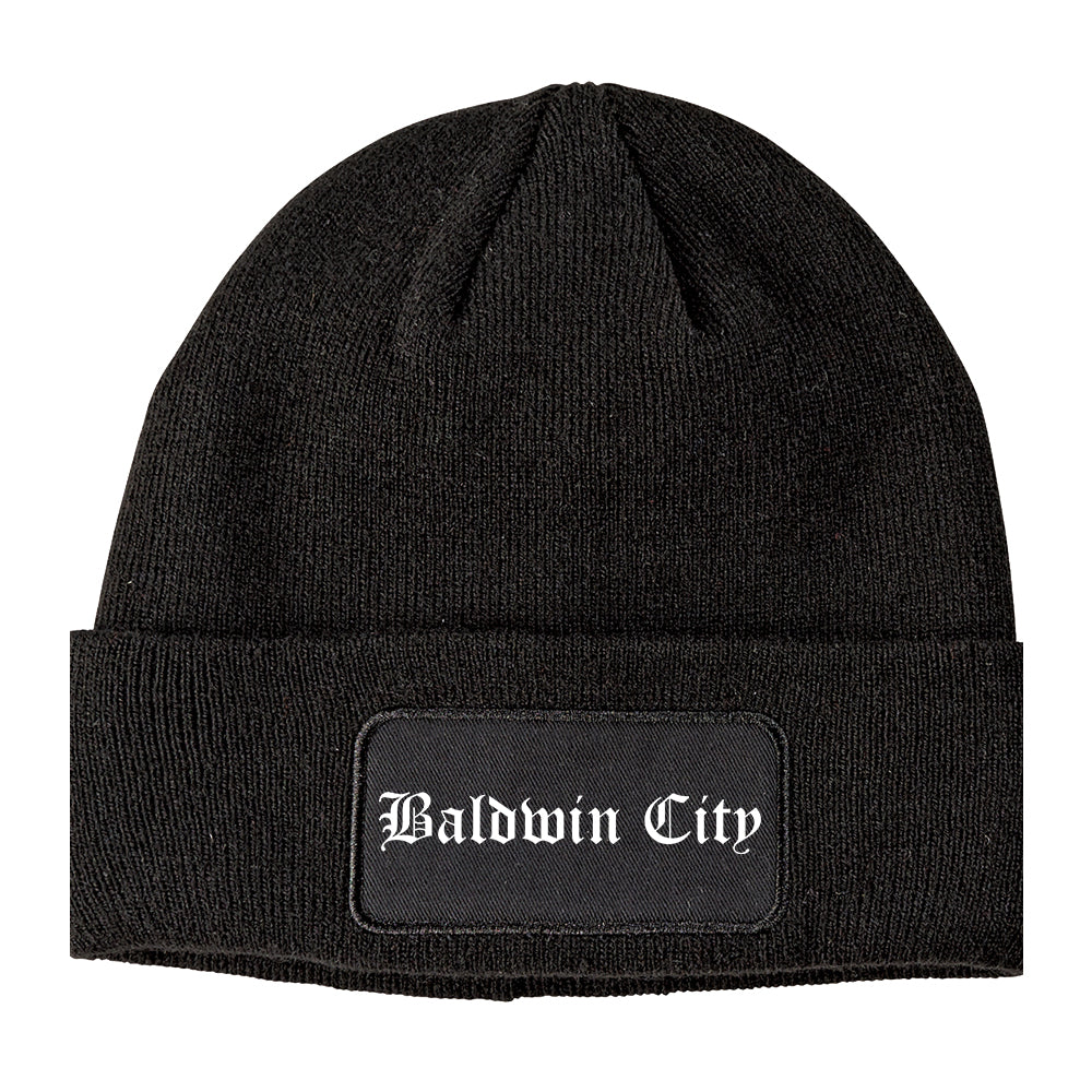 Baldwin City Kansas KS Old English Mens Knit Beanie Hat Cap Black