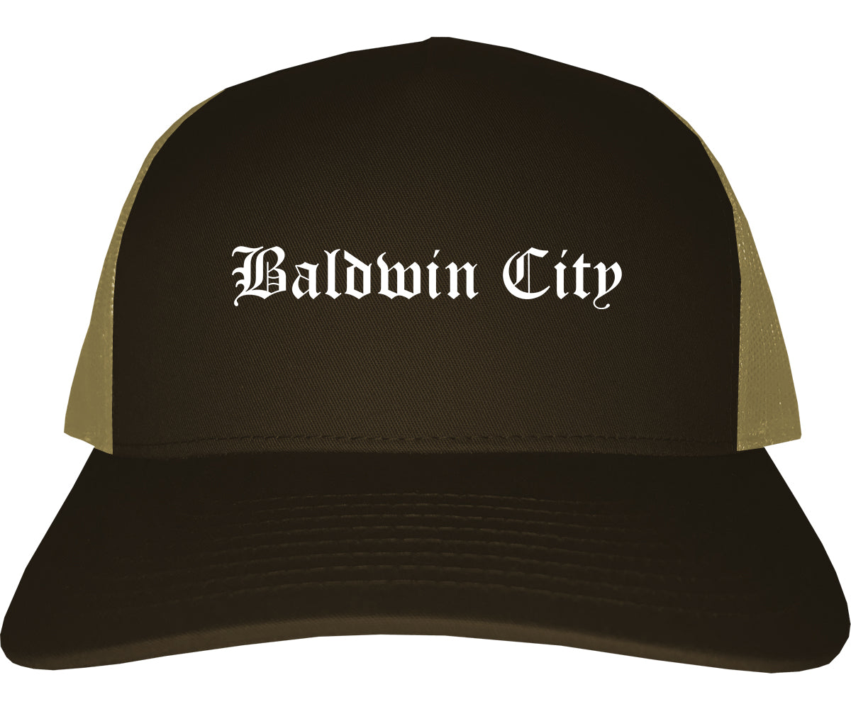 Baldwin City Kansas KS Old English Mens Trucker Hat Cap Brown