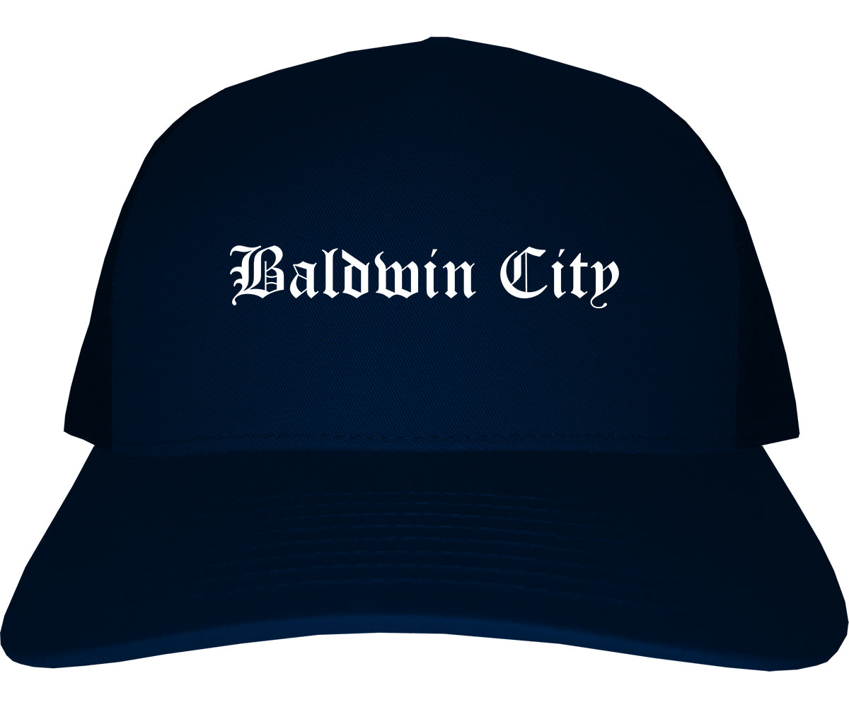Baldwin City Kansas KS Old English Mens Trucker Hat Cap Navy Blue