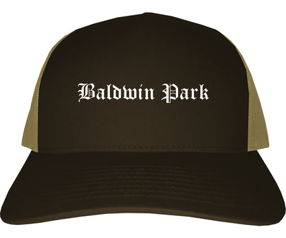Baldwin Park California CA Old English Mens Trucker Hat Cap Brown