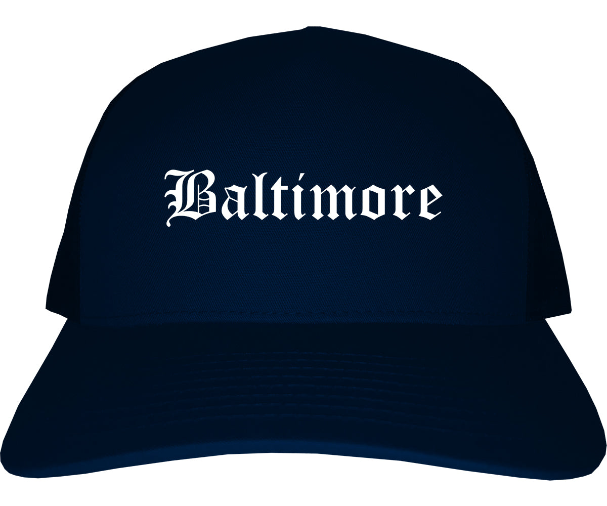 Baltimore Maryland MD Old English Mens Trucker Hat Cap Navy Blue