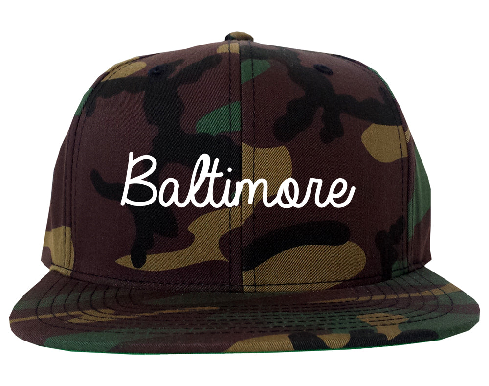 Baltimore Maryland MD Script Mens Snapback Hat Army Camo