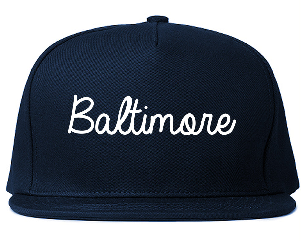 Baltimore Maryland MD Script Mens Snapback Hat Navy Blue
