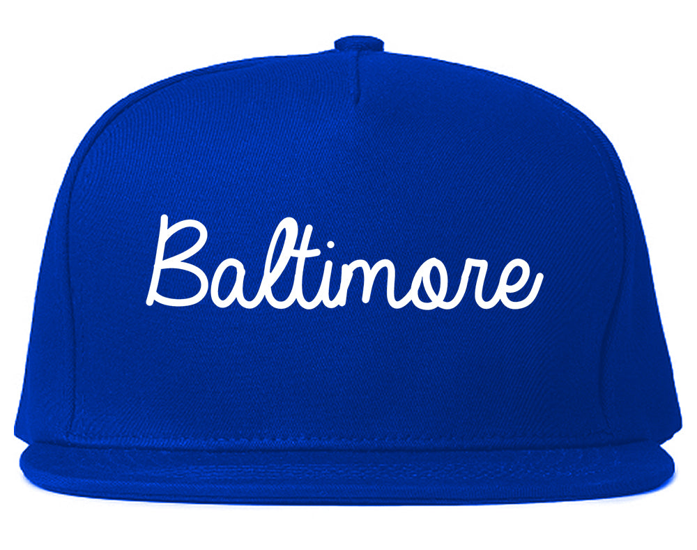 Baltimore Maryland MD Script Mens Snapback Hat Royal Blue
