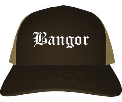 Bangor Maine ME Old English Mens Trucker Hat Cap Brown