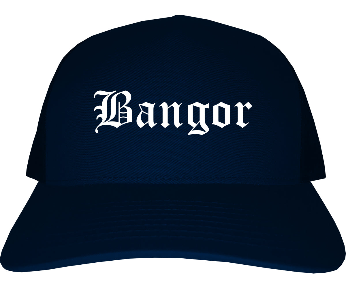 Bangor Maine ME Old English Mens Trucker Hat Cap Navy Blue