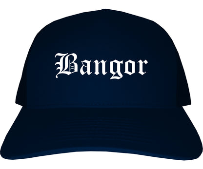 Bangor Maine ME Old English Mens Trucker Hat Cap Navy Blue
