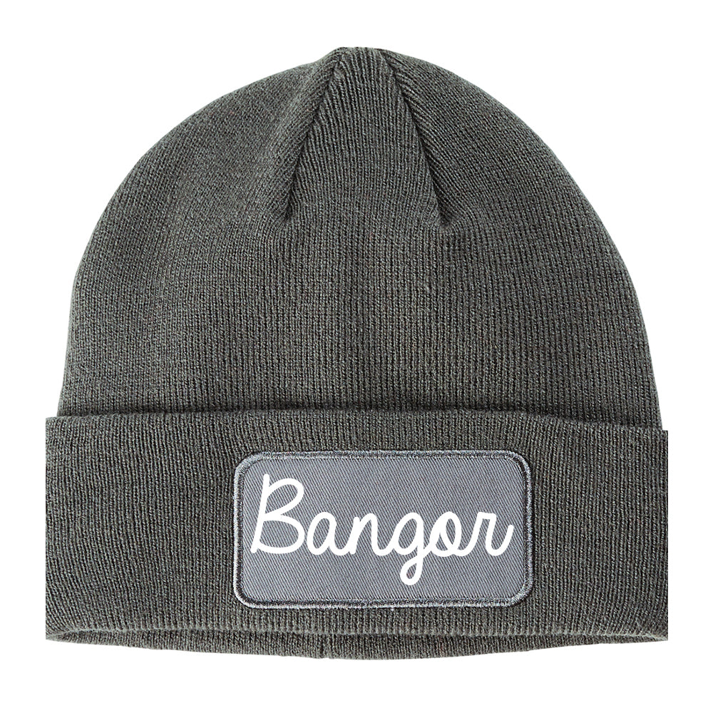 Bangor Maine ME Script Mens Knit Beanie Hat Cap Grey