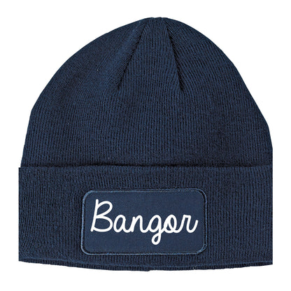 Bangor Maine ME Script Mens Knit Beanie Hat Cap Navy Blue