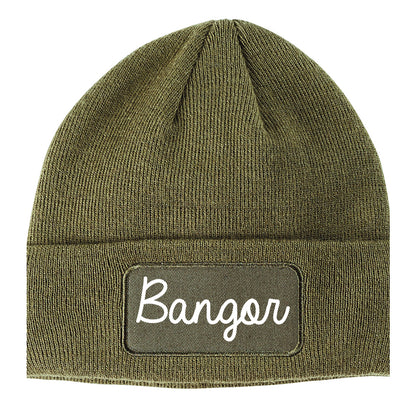 Bangor Maine ME Script Mens Knit Beanie Hat Cap Olive Green