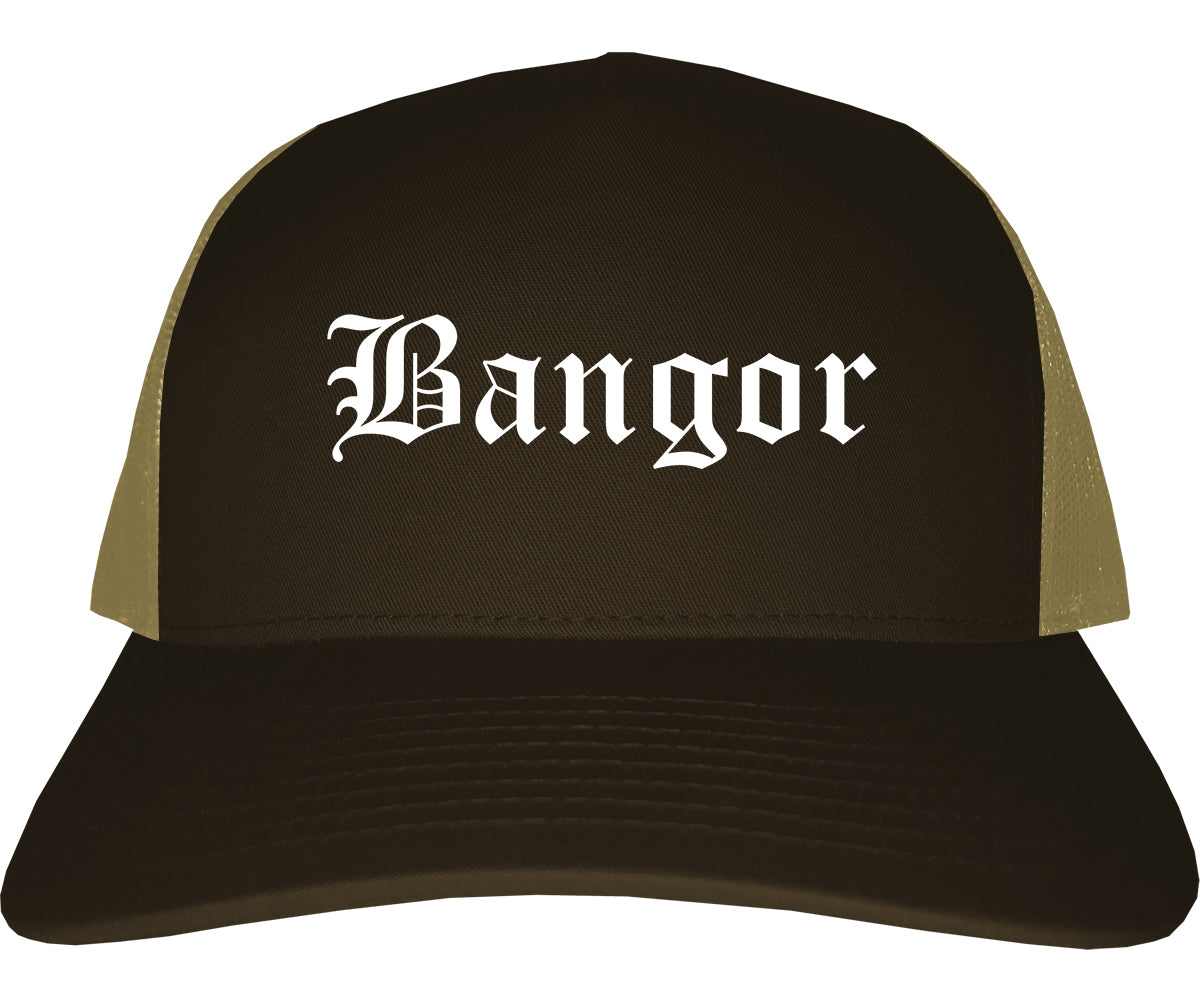 Bangor Pennsylvania PA Old English Mens Trucker Hat Cap Brown