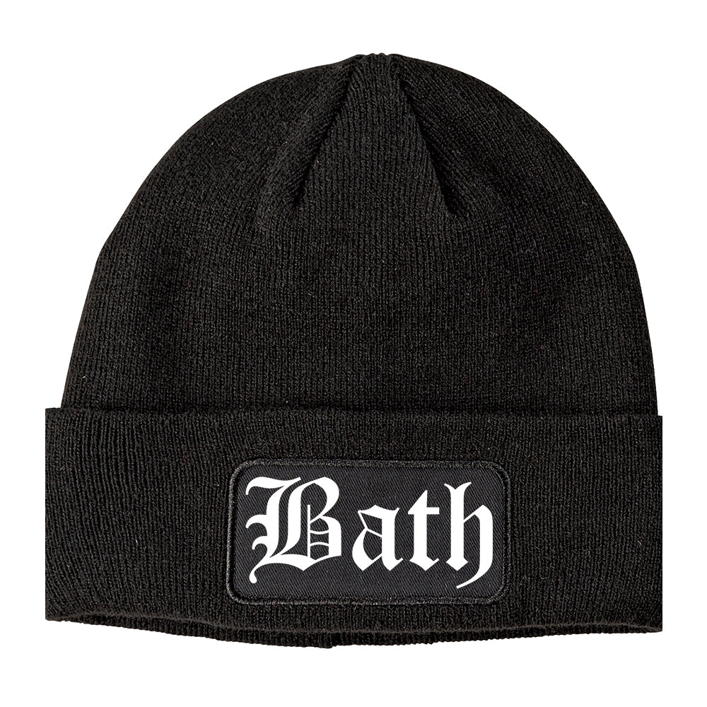 Bath Maine ME Old English Mens Knit Beanie Hat Cap Black