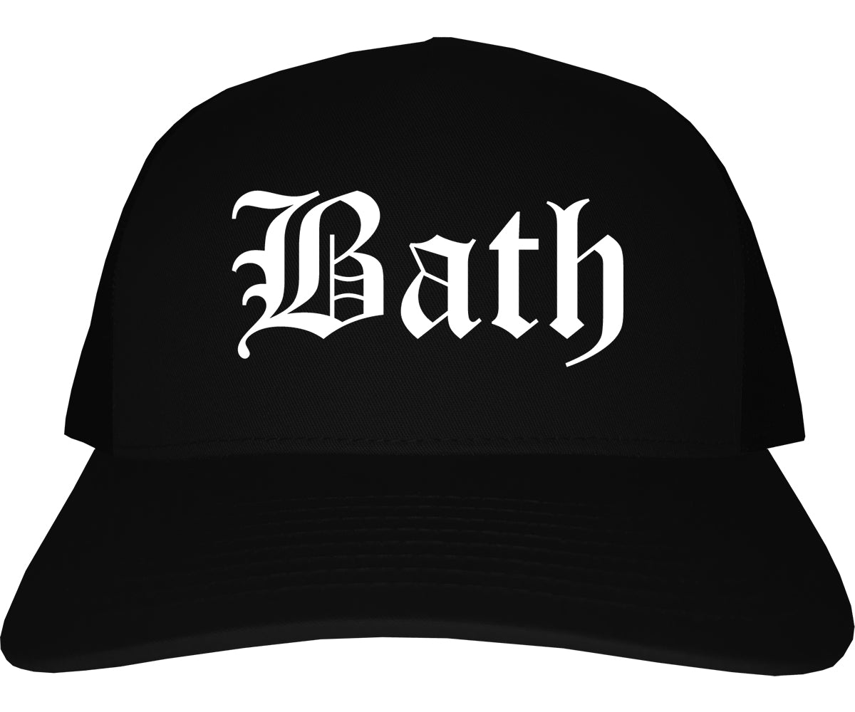 Bath Maine ME Old English Mens Trucker Hat Cap Black