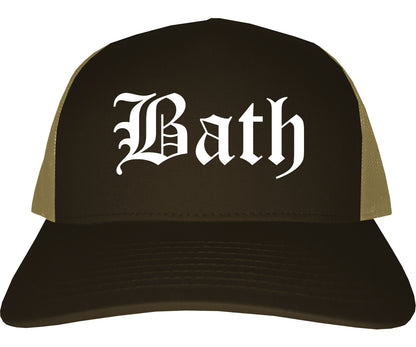 Bath Maine ME Old English Mens Trucker Hat Cap Brown