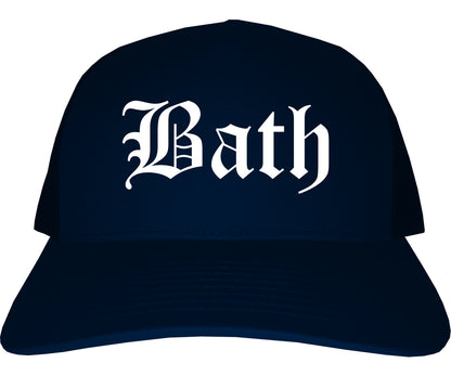 Bath Maine ME Old English Mens Trucker Hat Cap Navy Blue