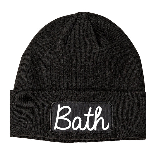 Bath Maine ME Script Mens Knit Beanie Hat Cap Black