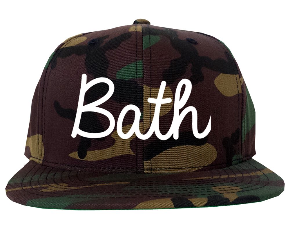 Bath Maine ME Script Mens Snapback Hat Army Camo