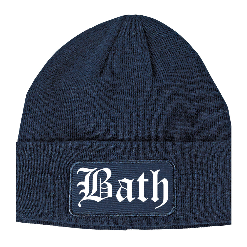 Bath New York NY Old English Mens Knit Beanie Hat Cap Navy Blue