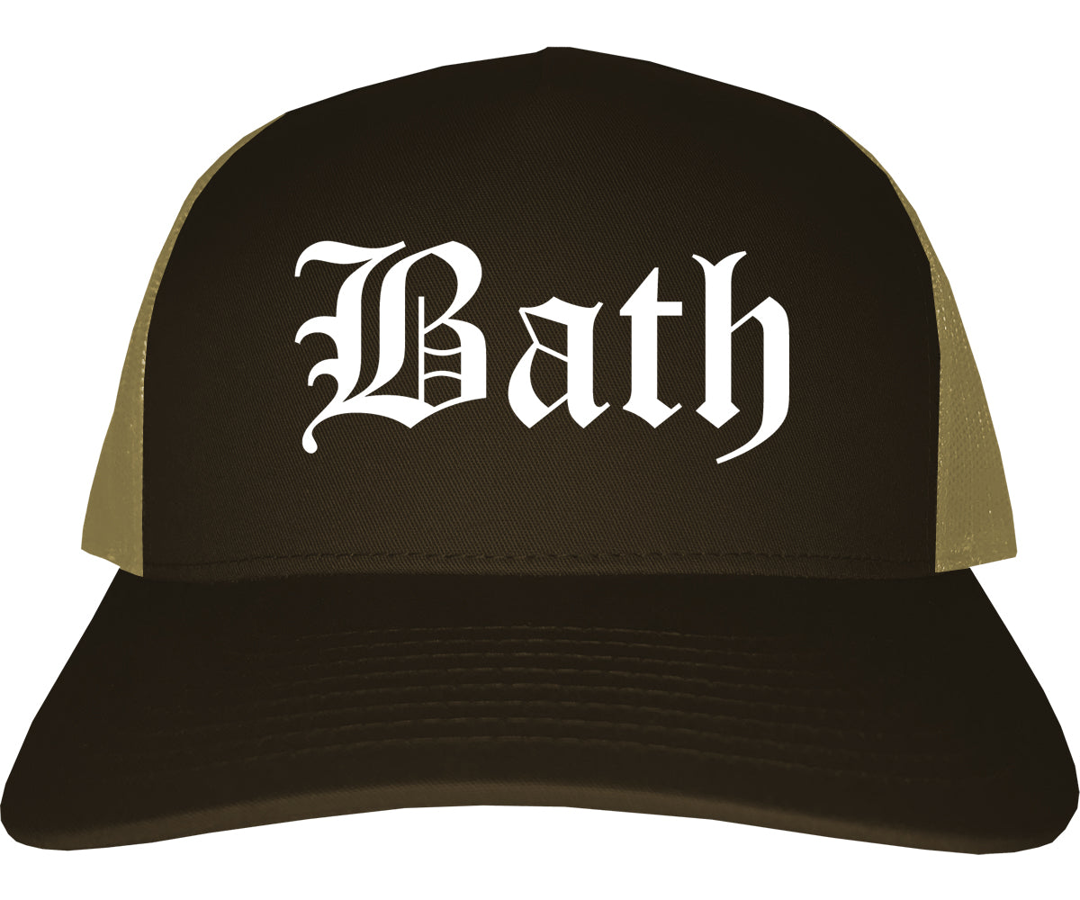 Bath New York NY Old English Mens Trucker Hat Cap Brown