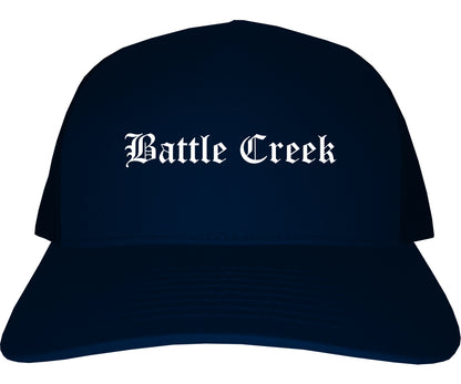 Battle Creek Michigan MI Old English Mens Trucker Hat Cap Navy Blue