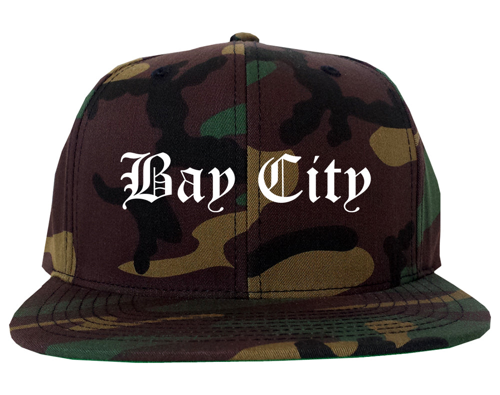 Bay City Michigan MI Old English Mens Snapback Hat Army Camo