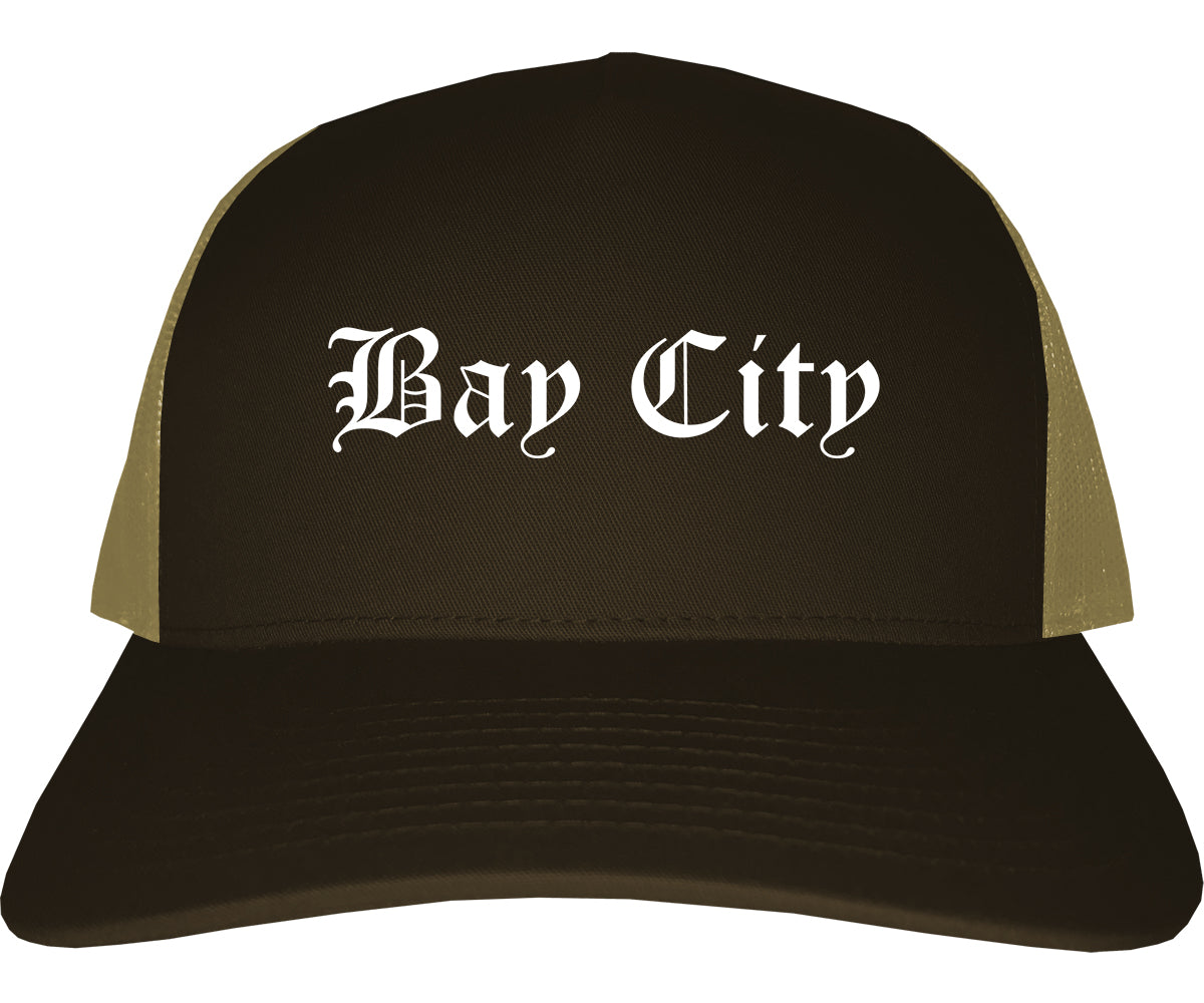 Bay City Texas TX Old English Mens Trucker Hat Cap Brown