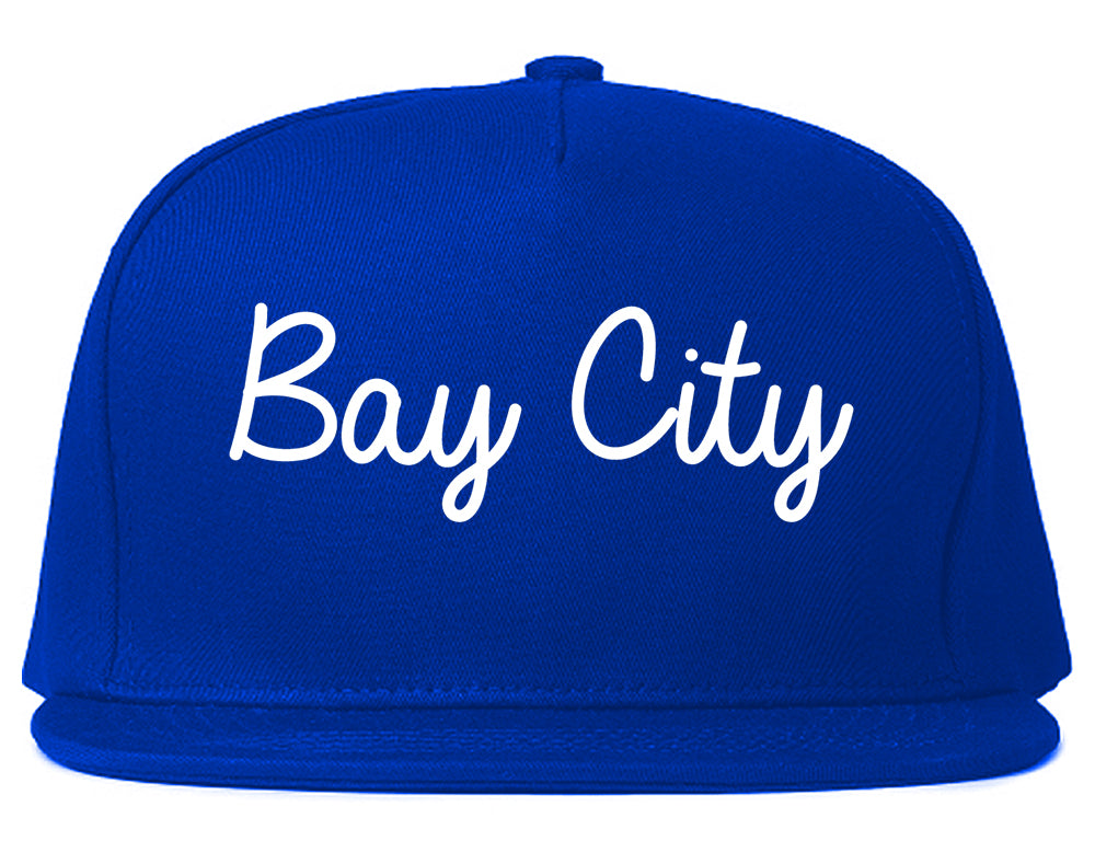 Bay City Texas TX Script Mens Snapback Hat Royal Blue