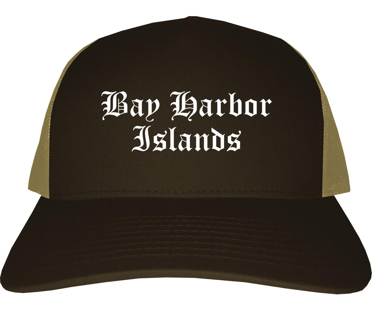Bay Harbor Islands Florida FL Old English Mens Trucker Hat Cap Brown