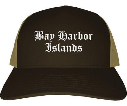 Bay Harbor Islands Florida FL Old English Mens Trucker Hat Cap Brown