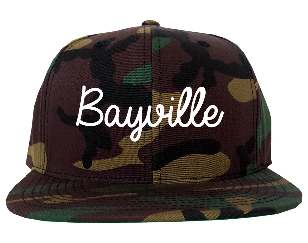 Bayville New York NY Script Mens Snapback Hat Army Camo