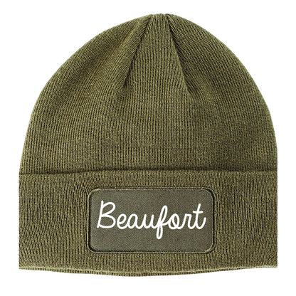Beaufort South Carolina SC Script Mens Knit Beanie Hat Cap Olive Green