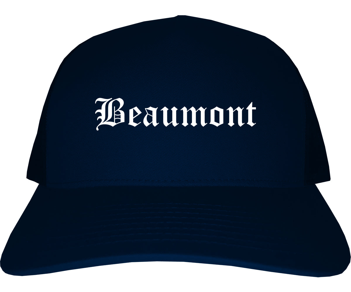 Beaumont California CA Old English Mens Trucker Hat Cap Navy Blue