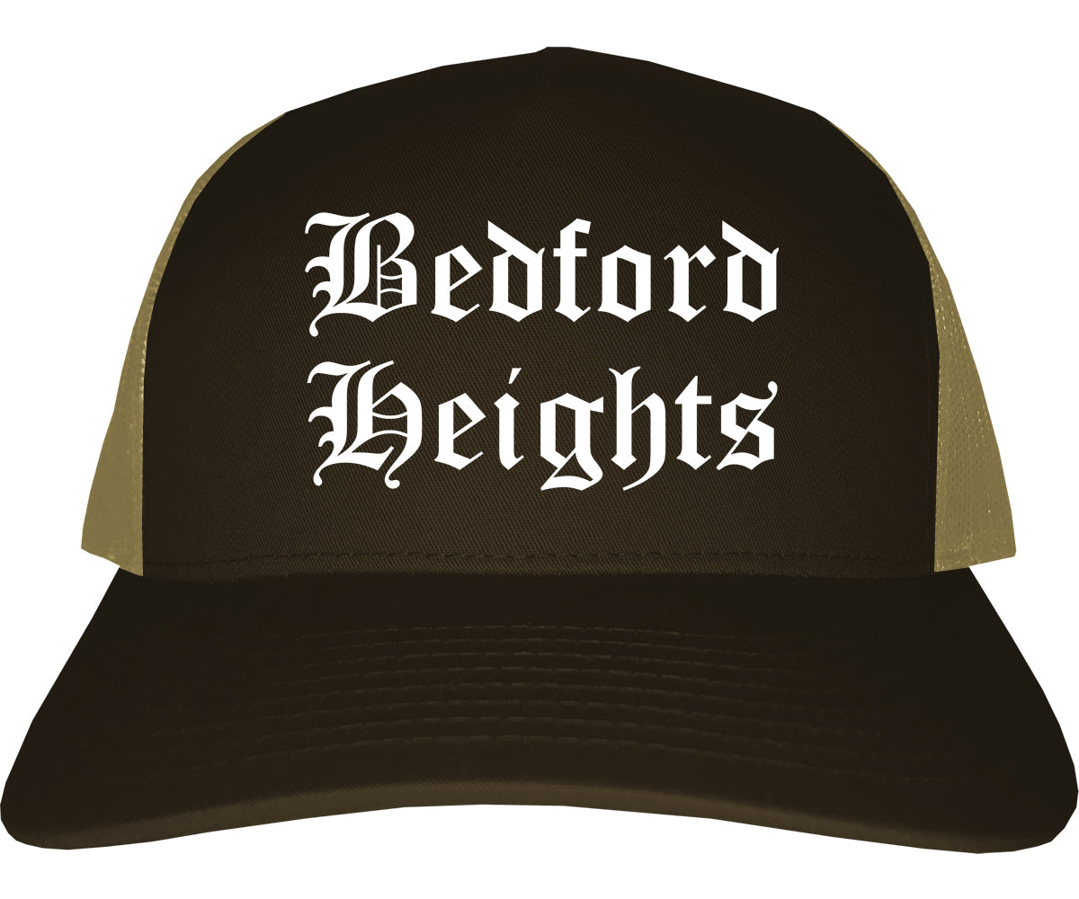 Bedford Heights Ohio OH Old English Mens Trucker Hat Cap Brown