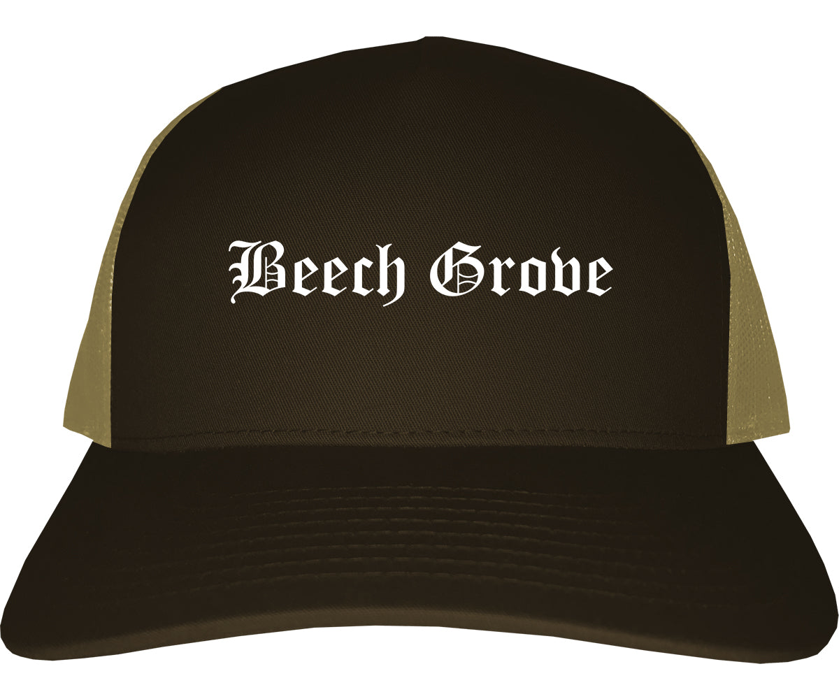 Beech Grove Indiana IN Old English Mens Trucker Hat Cap Brown