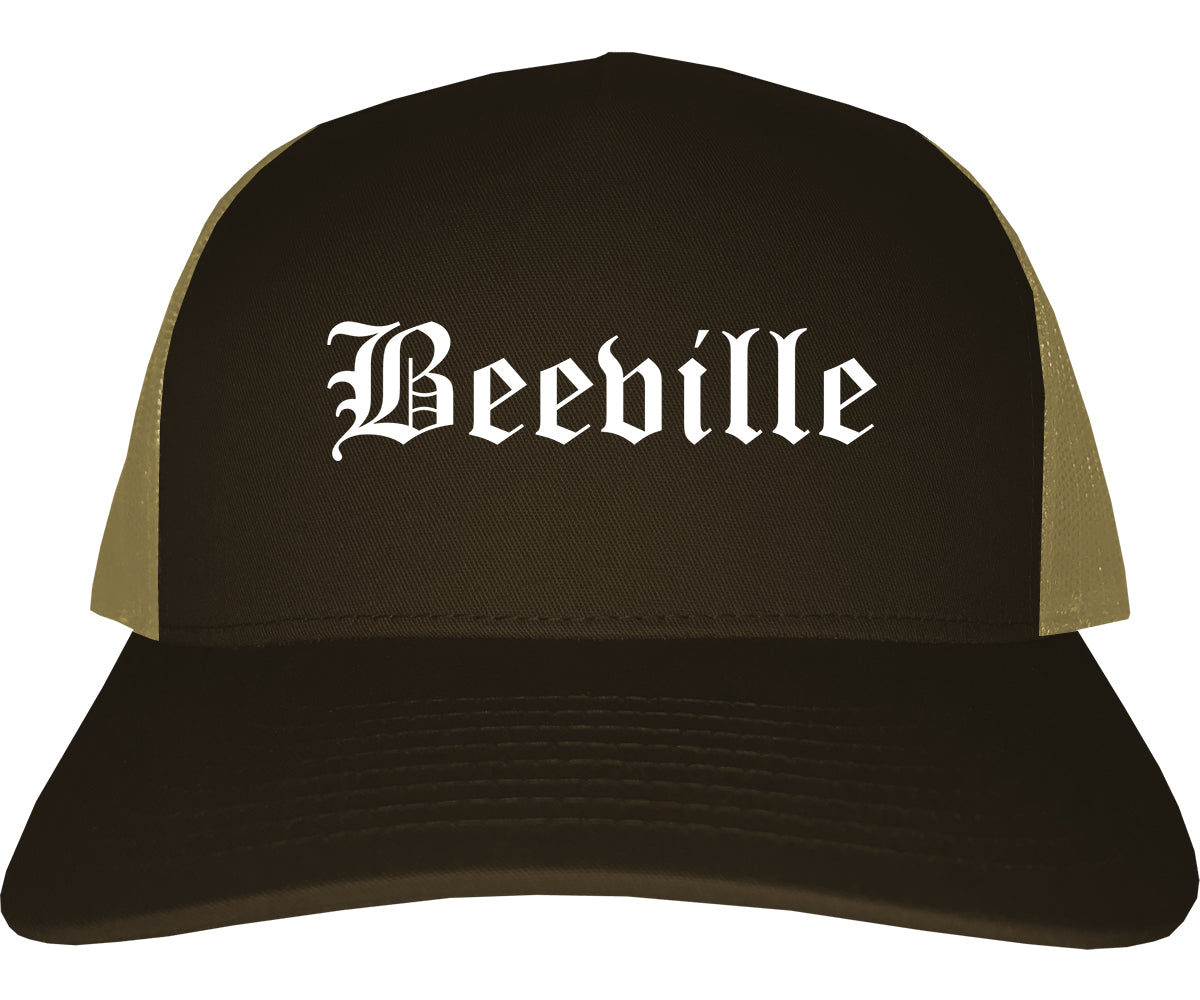 Beeville Texas TX Old English Mens Trucker Hat Cap Brown
