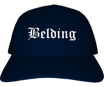 Belding Michigan MI Old English Mens Trucker Hat Cap Navy Blue