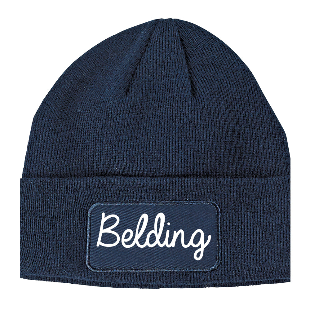 Belding Michigan MI Script Mens Knit Beanie Hat Cap Navy Blue