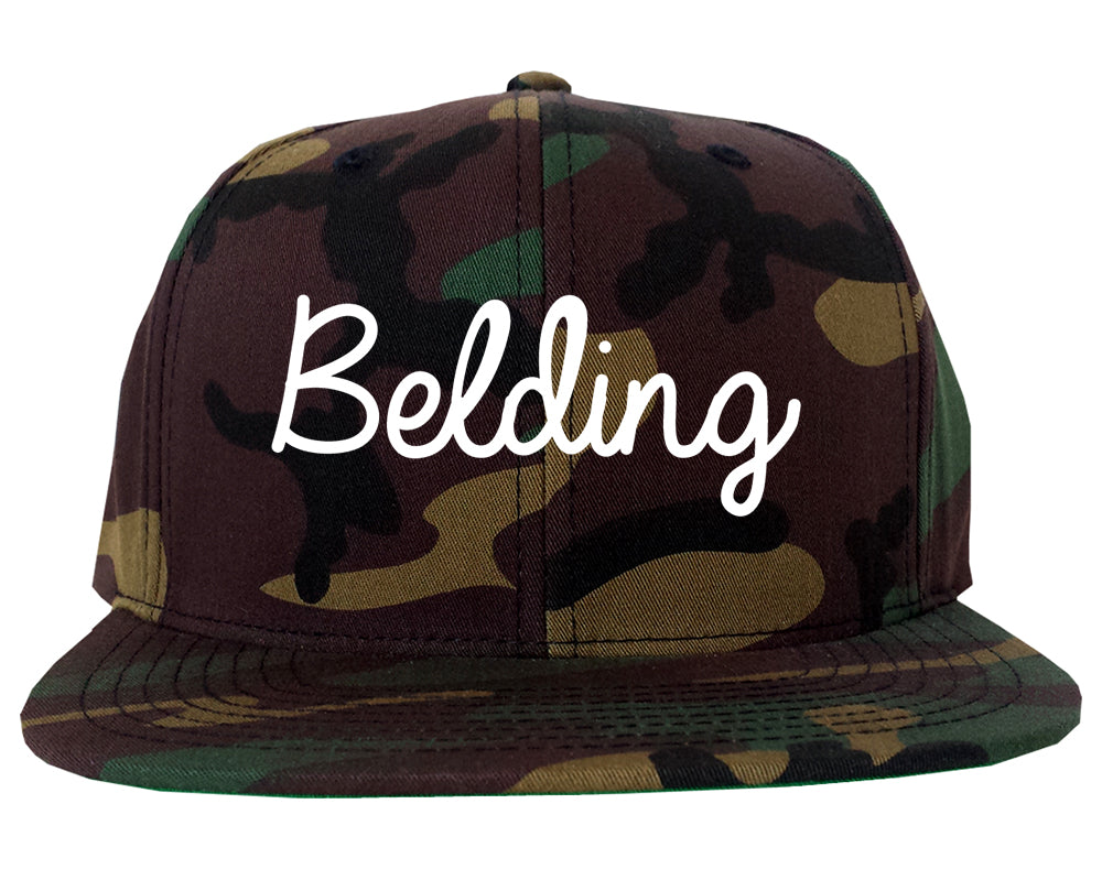 Belding Michigan MI Script Mens Snapback Hat Army Camo