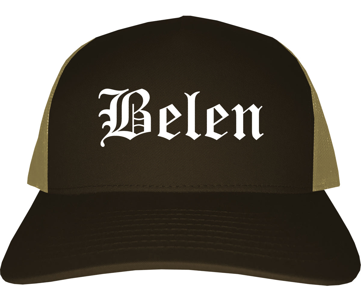 Belen New Mexico NM Old English Mens Trucker Hat Cap Brown