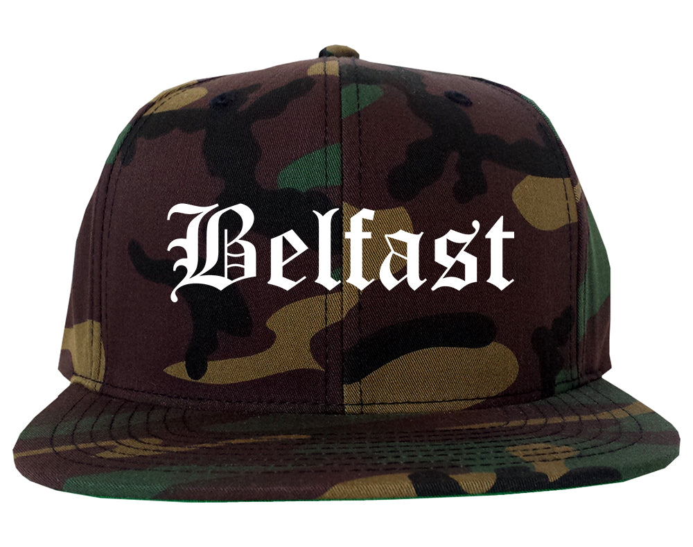 Belfast Maine ME Old English Mens Snapback Hat Army Camo