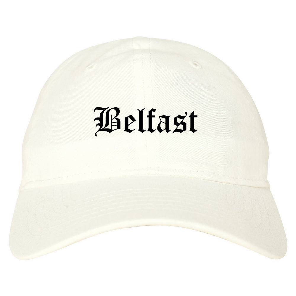 Belfast Maine ME Old English Mens Dad Hat Baseball Cap White