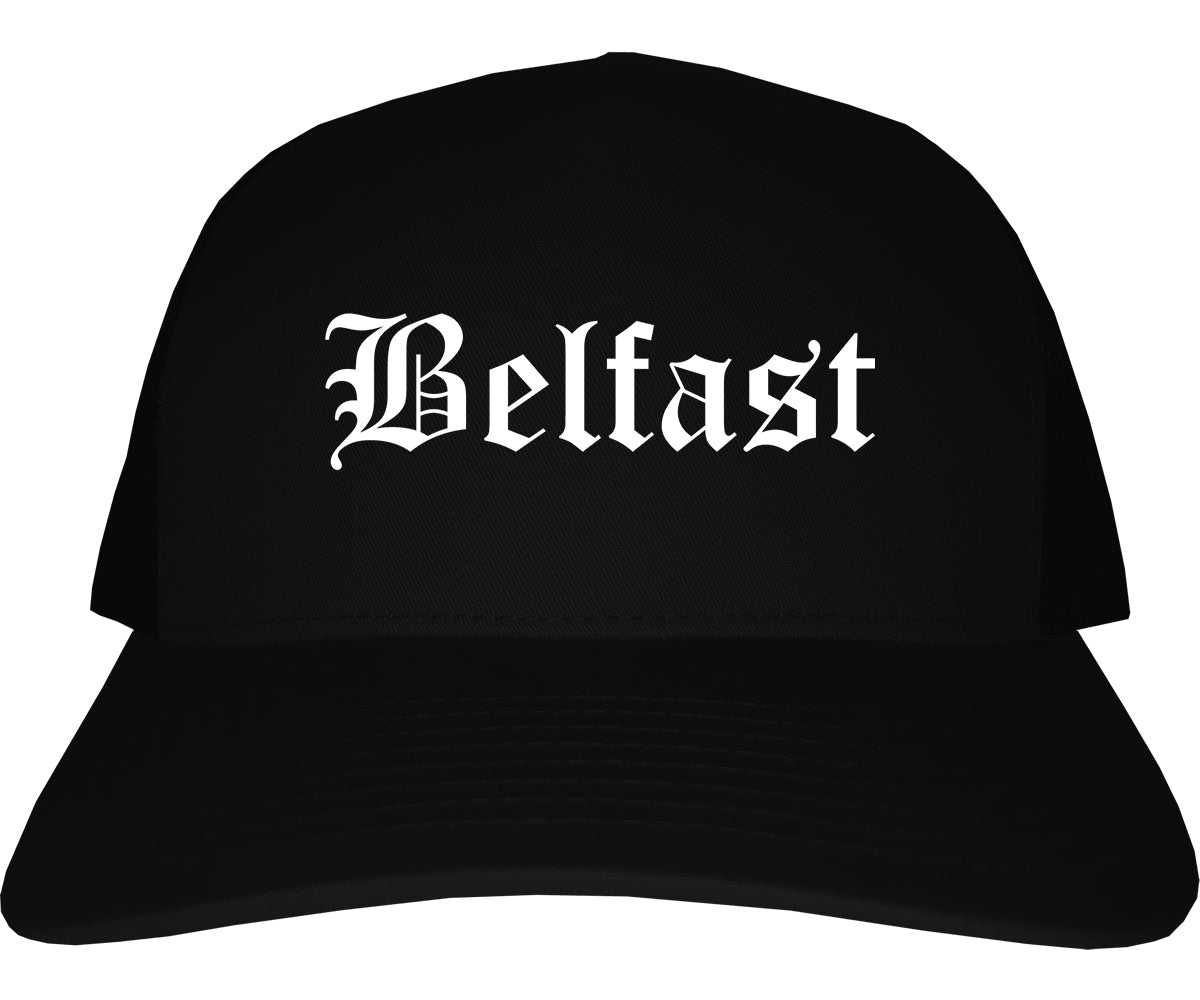 Belfast Maine ME Old English Mens Trucker Hat Cap Black
