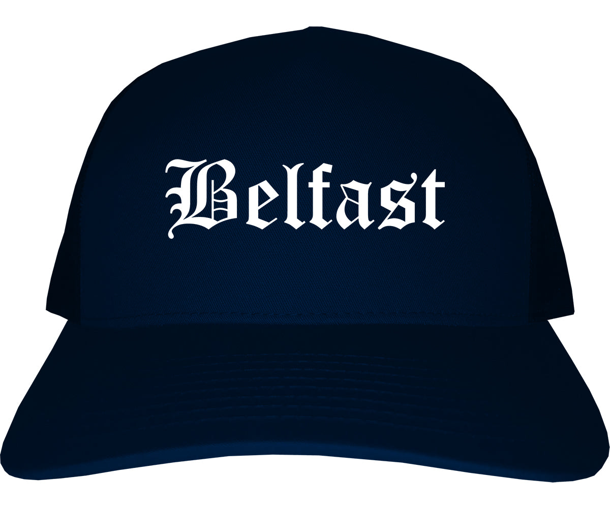 Belfast Maine ME Old English Mens Trucker Hat Cap Navy Blue