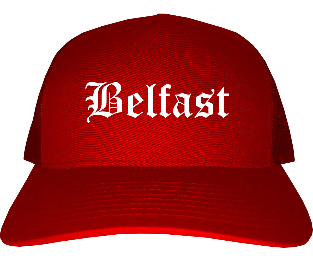 Belfast Maine ME Old English Mens Trucker Hat Cap Red