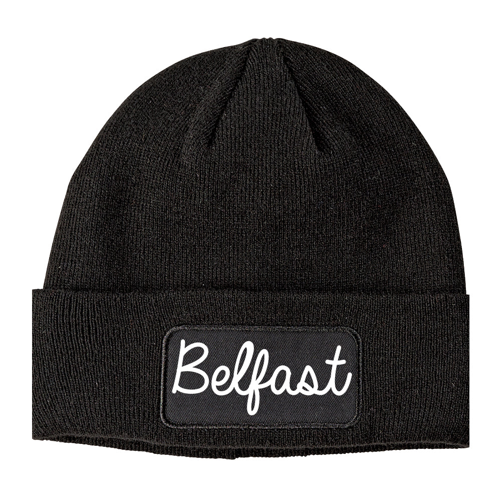 Belfast Maine ME Script Mens Knit Beanie Hat Cap Black