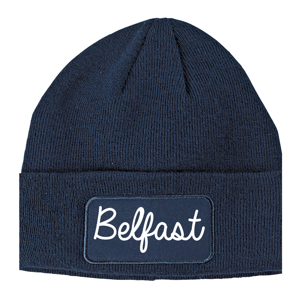 Belfast Maine ME Script Mens Knit Beanie Hat Cap Navy Blue