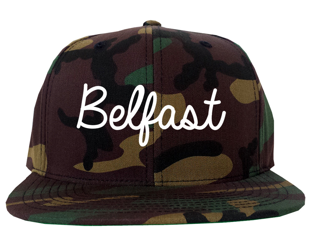 Belfast Maine ME Script Mens Snapback Hat Army Camo