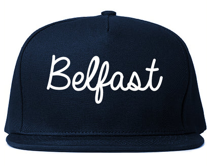 Belfast Maine ME Script Mens Snapback Hat Navy Blue