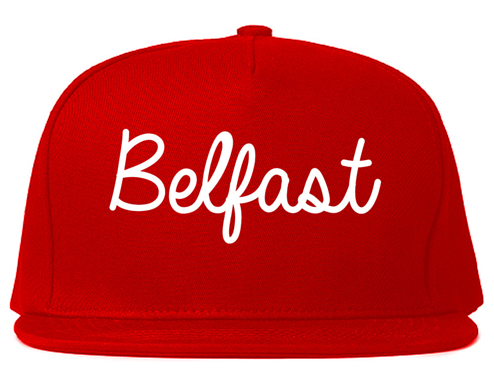 Belfast Maine ME Script Mens Snapback Hat Red