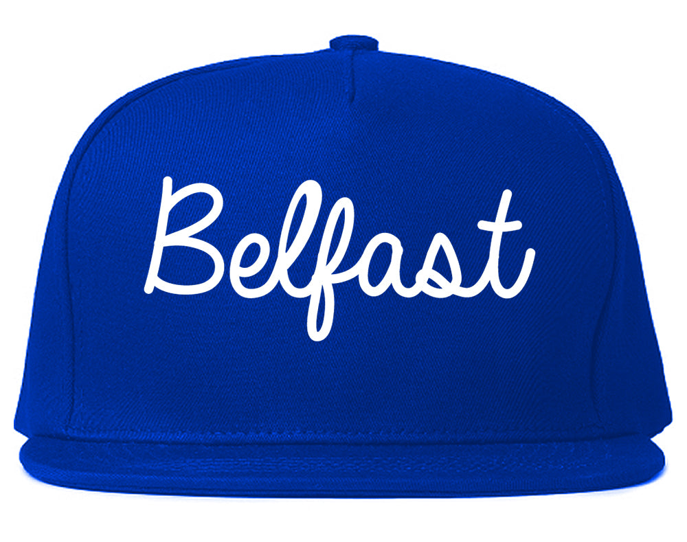 Belfast Maine ME Script Mens Snapback Hat Royal Blue
